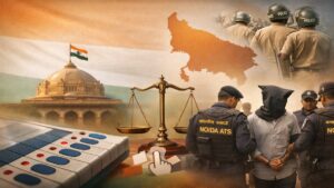 उत्तर प्रदेश को प्रभावित करने वाली प्रमुख खबरों का प्रतीकात्मक दृश्य, जिसमें शिक्षा, चुनाव प्रक्रिया, प्रशासन, सुरक्षा और राज्य शासन से जुड़े विषय दर्शाए गए हैं।