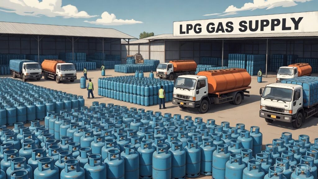 LPG सिलेंडर बुकिंग बढ़ने के बीच गैस सिलेंडरों का बड़ा स्टॉक और सप्लाई ट्रक