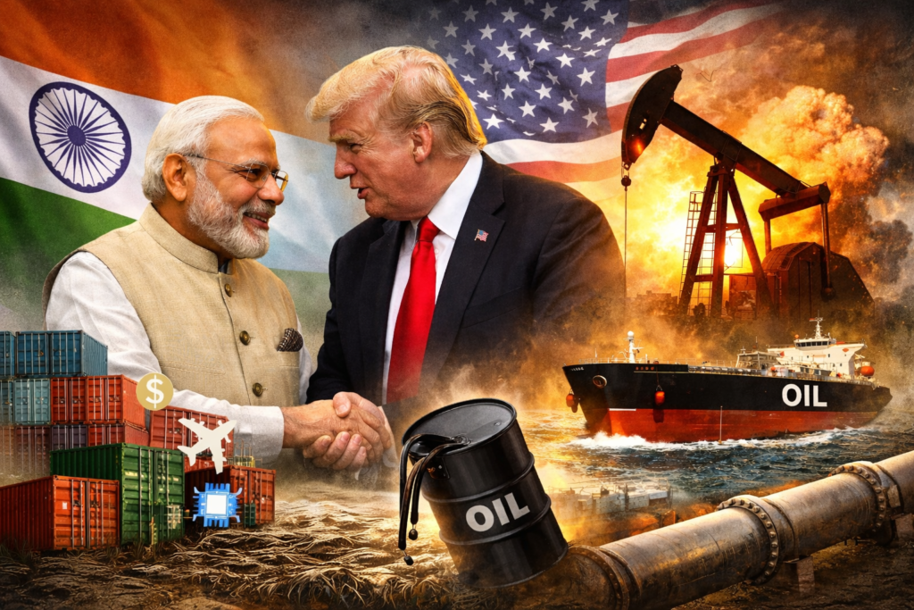 भारत-अमेरिका ट्रेड डील 2026 के बीच वैश्विक तेल संकट का प्रतीकात्मक दृश्य