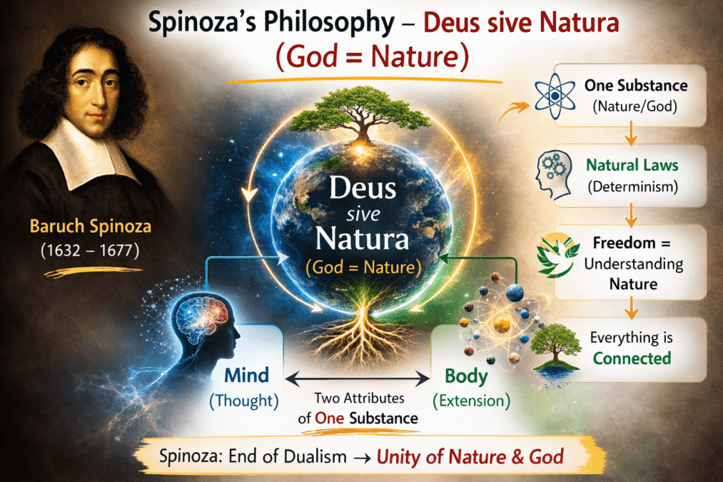 Spinoza philosophy Deus sive Natura God equals Nature concept diagram showing mind body and natural laws