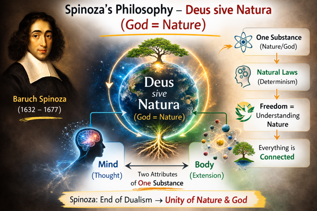 Spinoza philosophy Deus sive Natura God equals Nature concept diagram showing mind body and natural laws