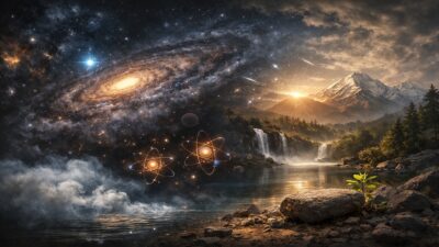 बीज स्मृति दर्शन के संदर्भ में ब्रह्मांड, प्रकृति और तत्वों की निरंतरता को दर्शाता दृश्य