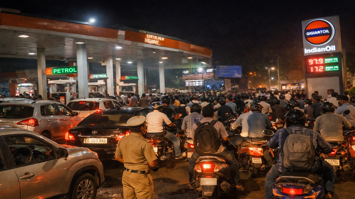 Gujarat petrol pump panic 2026 long queues