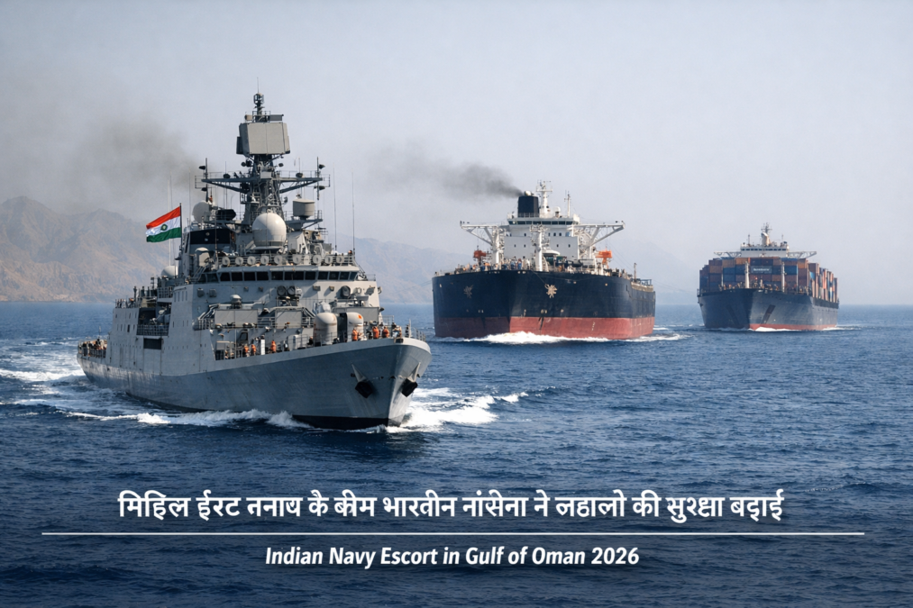 भारतीय नौसेना ओमान की खाड़ी में भारतीय जहाजों को एस्कॉर्ट करते हुए, 2026