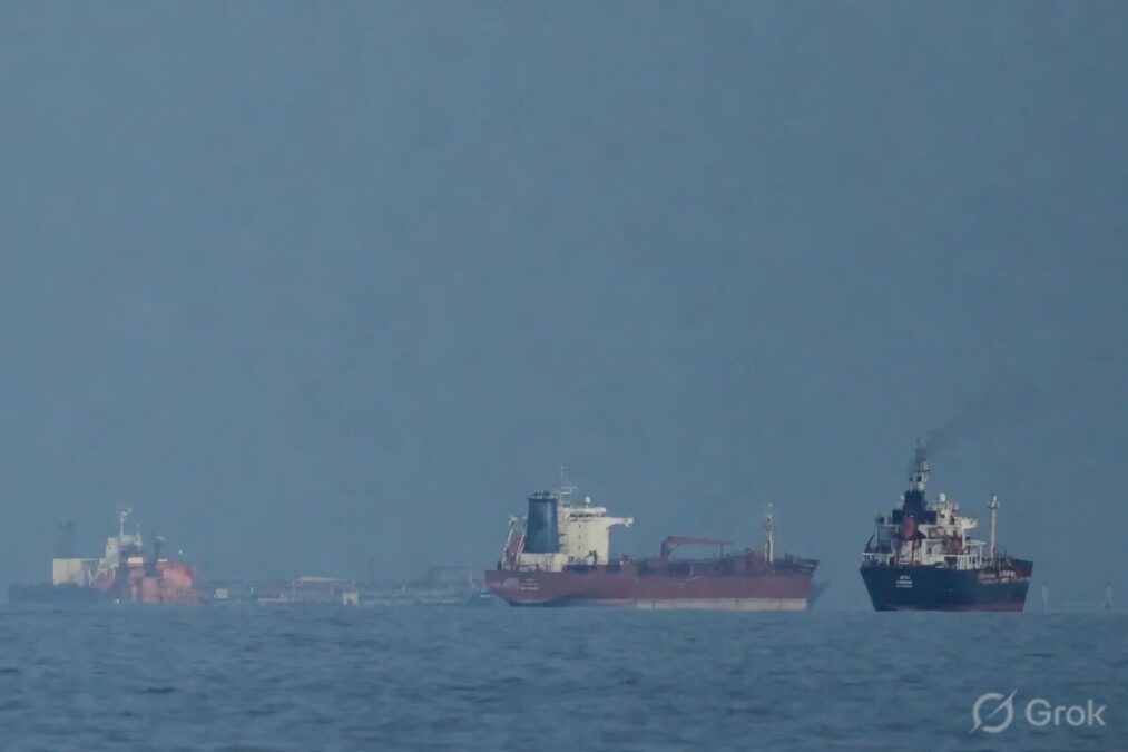 "होर्मुज स्ट्रेट में भारतीय एलपीजी और क्रूड ऑयल टैंकर जहाज सफलतापूर्वक गुजरते हुए, धुंधले समुद्र में दूर से दिखाई दे रहे जहाज"