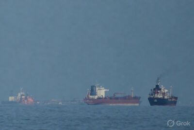 "होर्मुज स्ट्रेट में भारतीय एलपीजी और क्रूड ऑयल टैंकर जहाज सफलतापूर्वक गुजरते हुए, धुंधले समुद्र में दूर से दिखाई दे रहे जहाज"