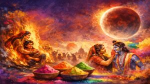 होली विशेषांक में होलिका दहन, राधा-कृष्ण की परंपरा और पूर्ण चंद्रग्रहण के प्रतीकात्मक दृश्य