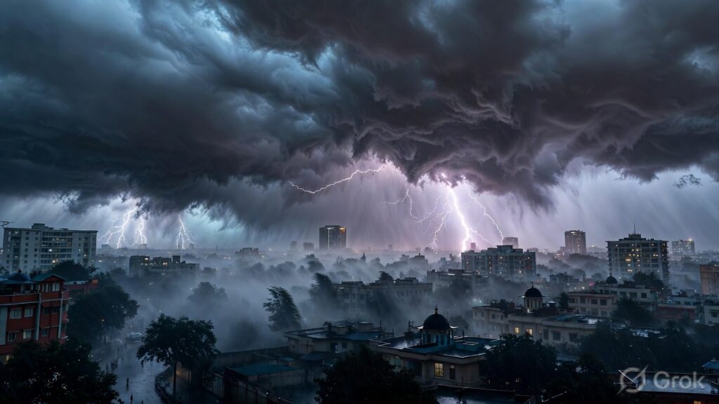 उत्तर प्रदेश में तेज बारिश और ओलावृष्टि के दौरान बिजली चमकती हुई, कई जिलों में मौसम खराब