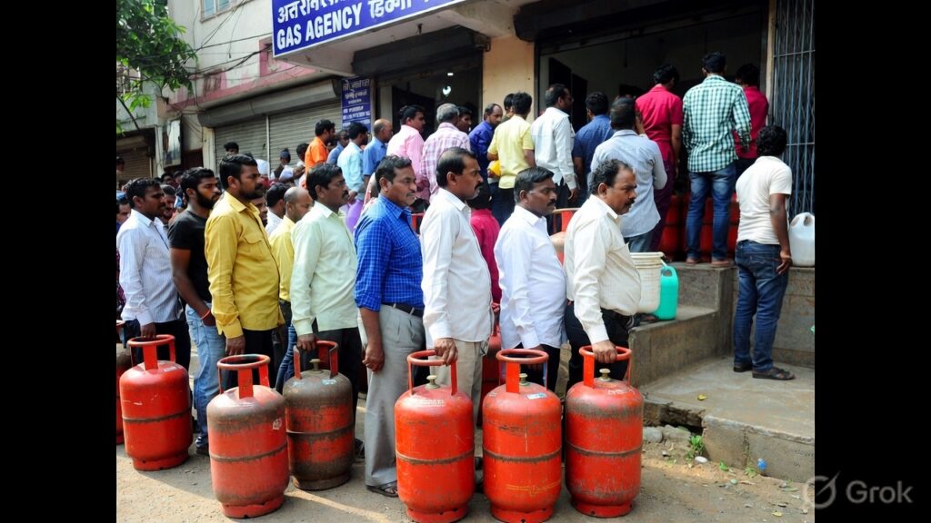 एलपीजी संकट के दौरान गैस एजेंसी पर सिलेंडर लेने के लिए लाइन में खड़े लोग