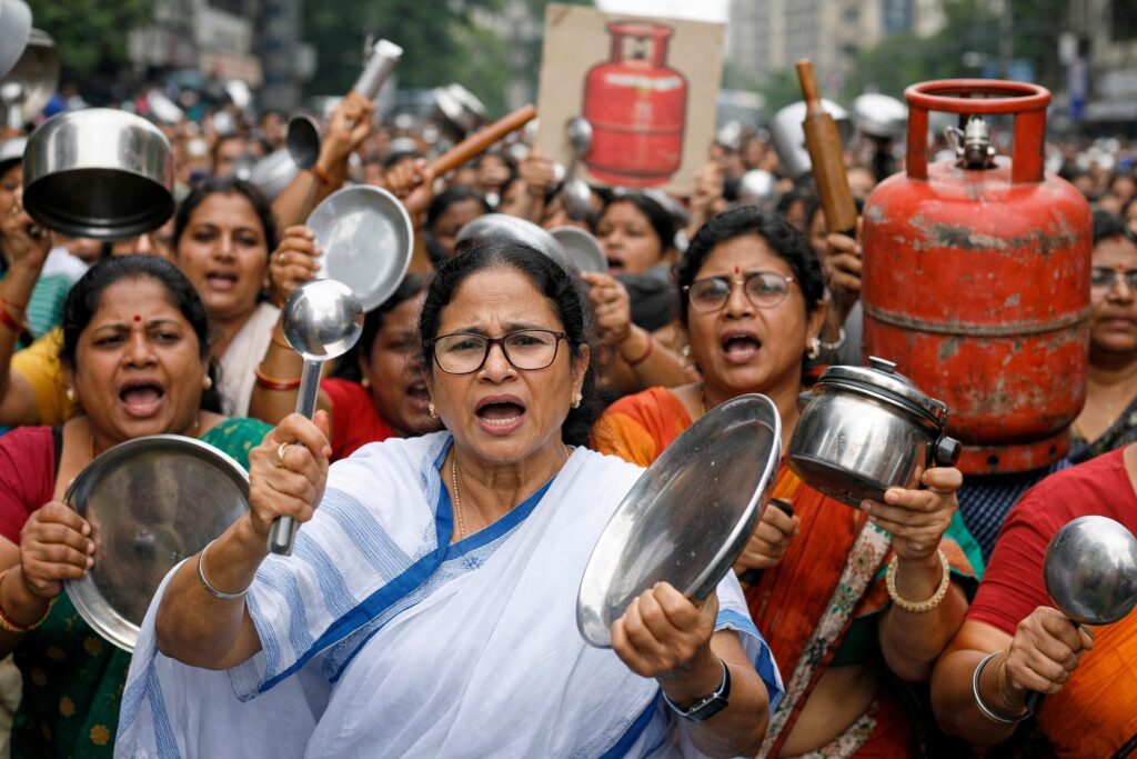 ममता बनर्जी LPG महंगाई विरोध के दौरान कोलकाता में महिला दिवस पर बर्तन लेकर प्रदर्शन करती महिलाएं