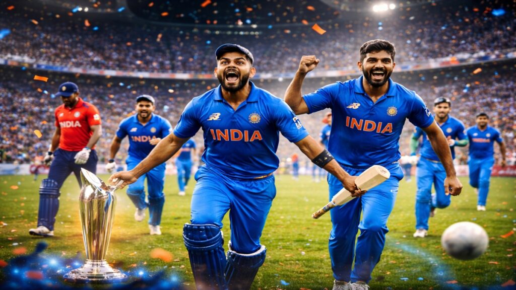 भारत इंग्लैंड T20 वर्ल्ड कप 2026 सेमीफाइनल में जीत के बाद जश्न मनाती भारतीय टीम