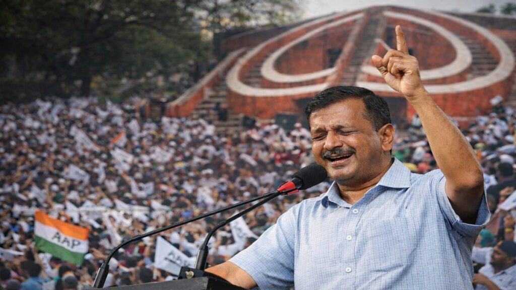 अरविंद केजरीवाल जंतर-मंतर रैली में भाषण देते हुए, एक्साइज पॉलिसी केस में क्लीन चिट के बाद