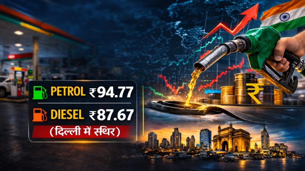 पेट्रोल पंप पर पेट्रोल भरते हुए नोजल का क्लोज़-अप दृश्य, भारत में ईंधन कीमतों का प्रतीक