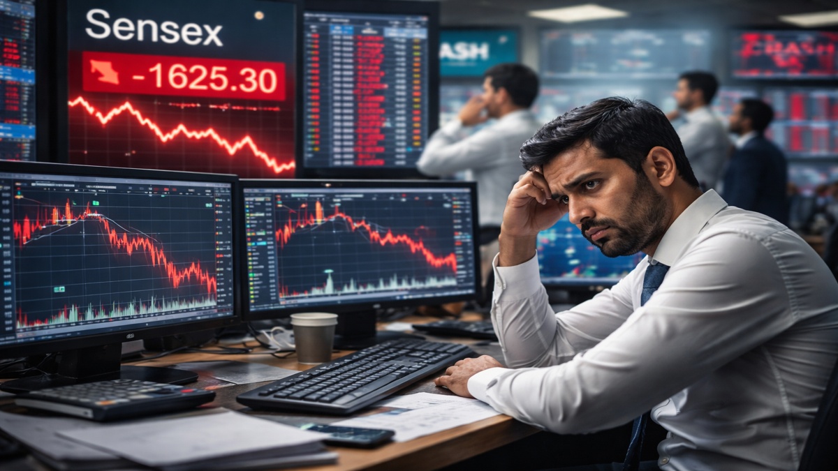 Stock Market Crash India 2026 Sensex Fall शेयर बाजार में भारी गिरावट के दौरान ट्रेडिंग स्क्रीन और चिंतित निवेशक