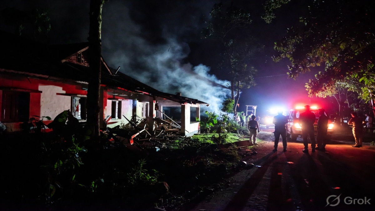 Manipur बम हमले के बाद बिष्णुपुर में क्षतिग्रस्त घर और मौके पर पहुंची पुलिस