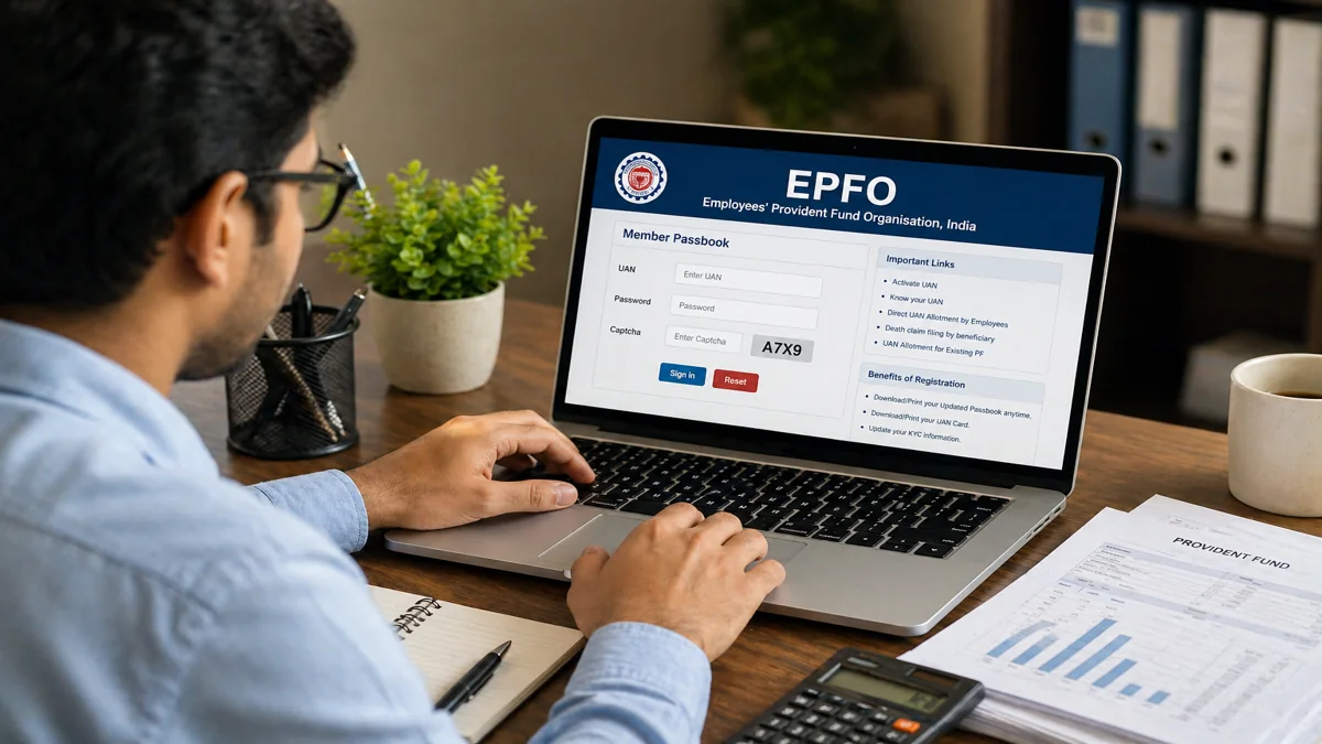 EPFO पोर्टल 2026, कर्मचारी लैपटॉप पर पीएफ खाते की जानकारी देखते हुए