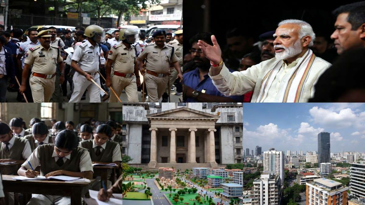 “भारत में पुलिस कार्रवाई, राजनीतिक संबोधन, छात्रों की परीक्षा, कोर्ट भवन और शहरी विकास का दृश्य – अप्रैल 2026”