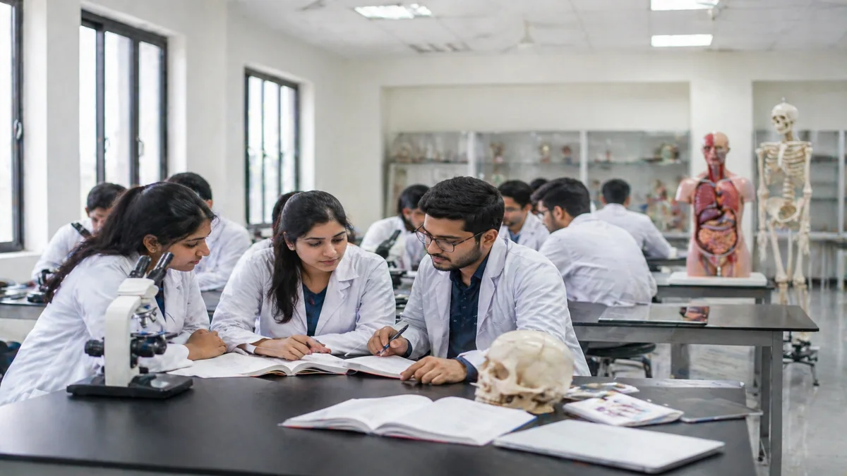 मेडिकल कॉलेज में छात्र पढ़ाई करते हुए, MBBS सीट लिमिट खत्म 2026