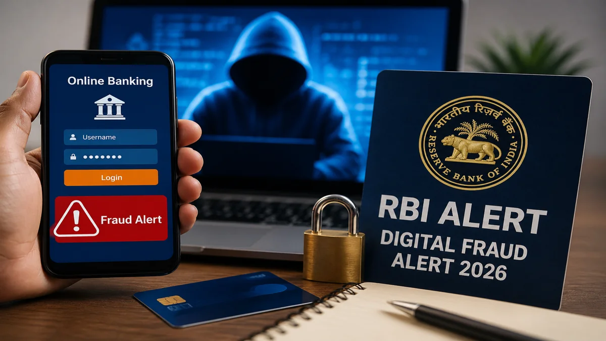 RBI डिजिटल फ्रॉड अलर्ट 2026, मोबाइल बैंकिंग और साइबर सुरक्षा का दृश्य