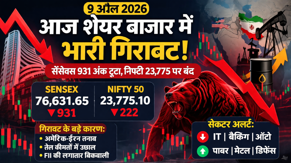 9 अप्रैल 2026 शेयर बाजार गिरावट, सेंसेक्स 931 अंक गिरा