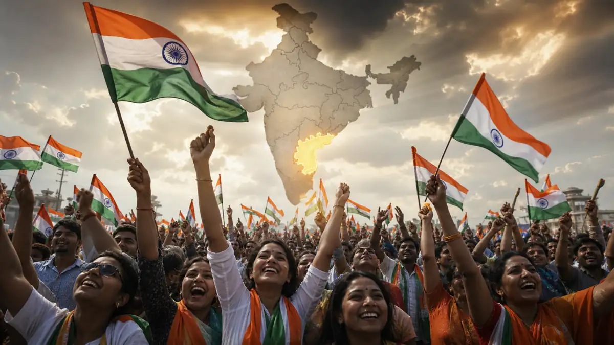 भारत विधानसभा चुनाव 2026 परिणाम, मतदाता तिरंगा लहराते हुए, तमिलनाडु हाइलाइट