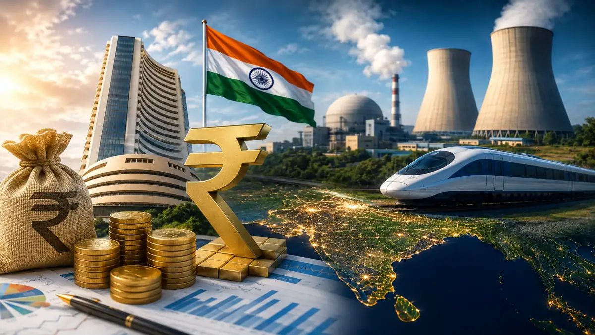 भारतीय अर्थव्यवस्था, मुद्रा, ऊर्जा और इंफ्रास्ट्रक्चर विकास को दर्शाती आधुनिक प्रतीकात्मक तस्वीर