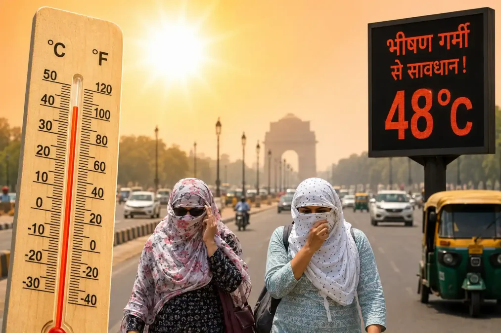 दिल्ली में भीषण गर्मी के दौरान 48°C तापमान के बीच चेहरे ढककर सड़क पर चलते लोग
