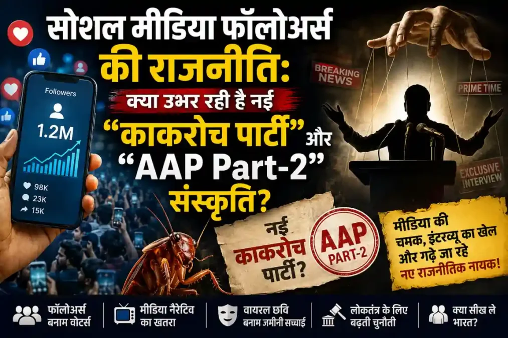 सोशल मीडिया फॉलोअर्स आधारित राजनीति, नई काकरोच पार्टी और AAP Part-2 संस्कृति पर आधारित RI News संपादकीय फीचर इमेज