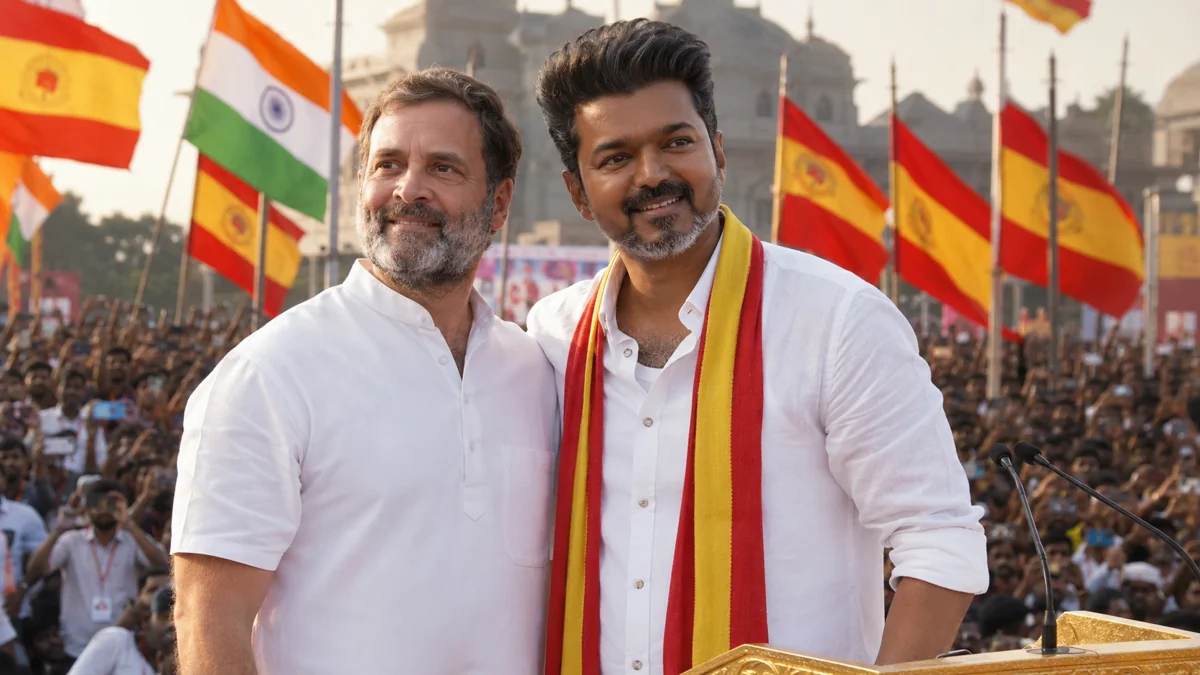 Rahul Gandhi and TVK chief Joseph Vijay during swearing-in ceremony in Chennai