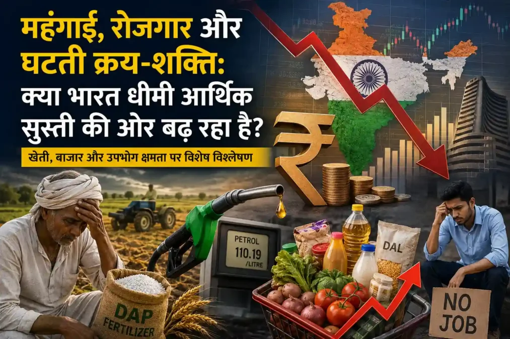 महंगाई, बेरोजगारी और घटती क्रय-शक्ति पर आधारित भारत की आर्थिक स्थिति का प्रतीकात्मक चित्र, जिसमें किसान, पेट्रोल कीमतें, बाजार महंगाई और नौकरी संकट दर्शाया गया है।