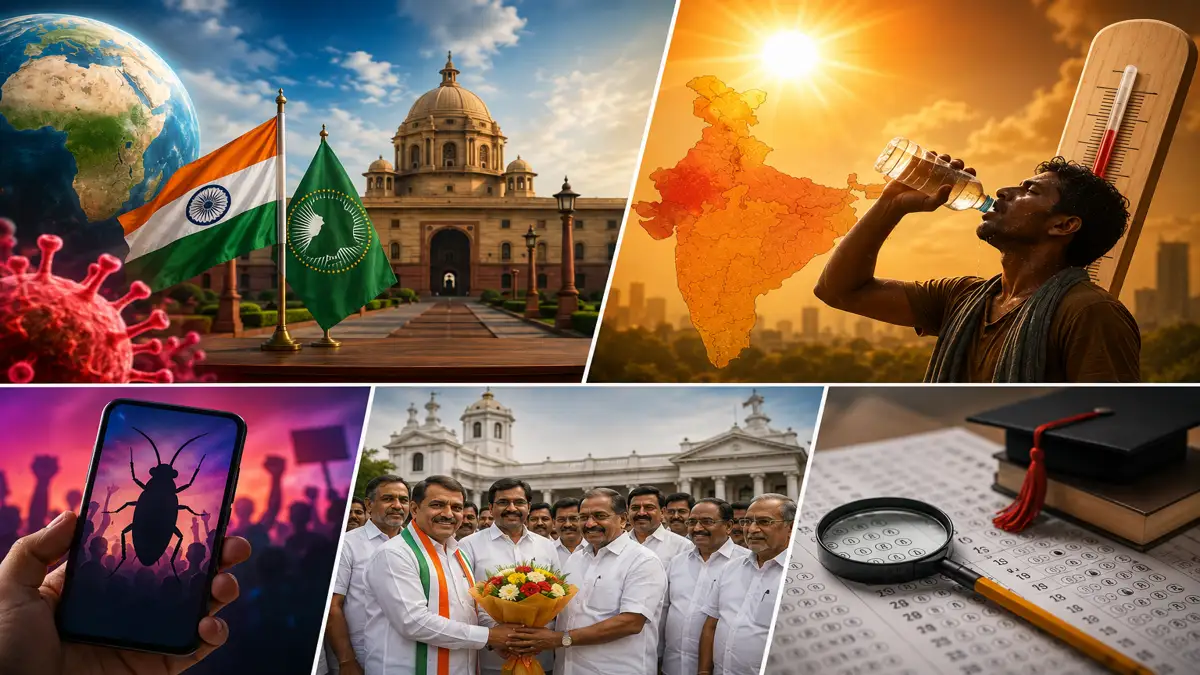 भारत की आज की बड़ी राष्ट्रीय सुर्खियों को दर्शाती कोलाज इमेज, जिसमें Heatwave, Ebola advisory, Tamil Nadu राजनीति और NEET जांच से जुड़े दृश्य शामिल हैं।