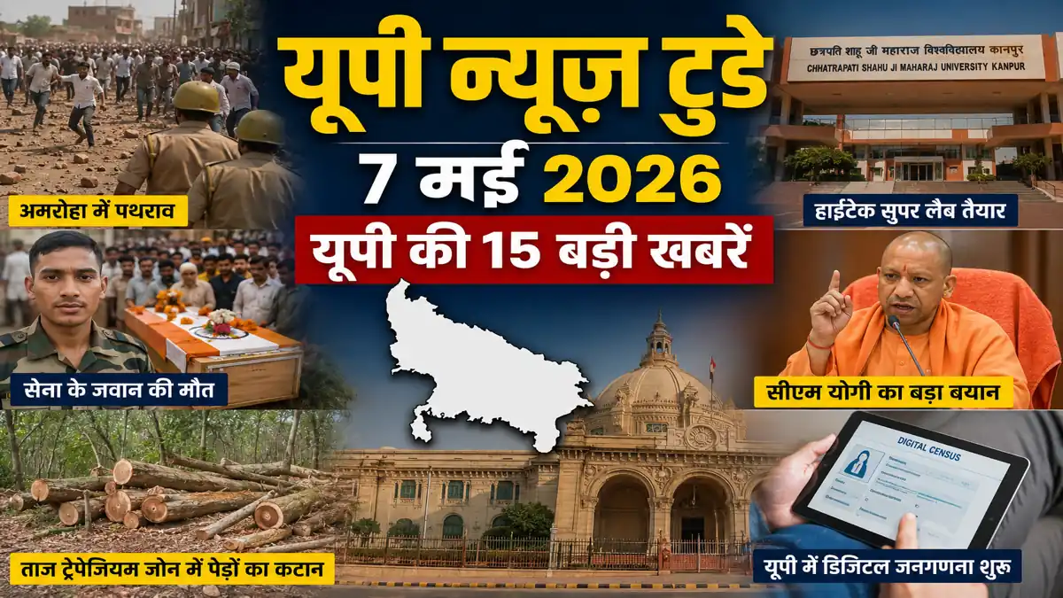 उत्तर प्रदेश की बड़ी खबरों का कोलाज जिसमें अमरोहा हिंसा, सीएम योगी, डिजिटल जनगणना और सेना जवान की खबर शामिल