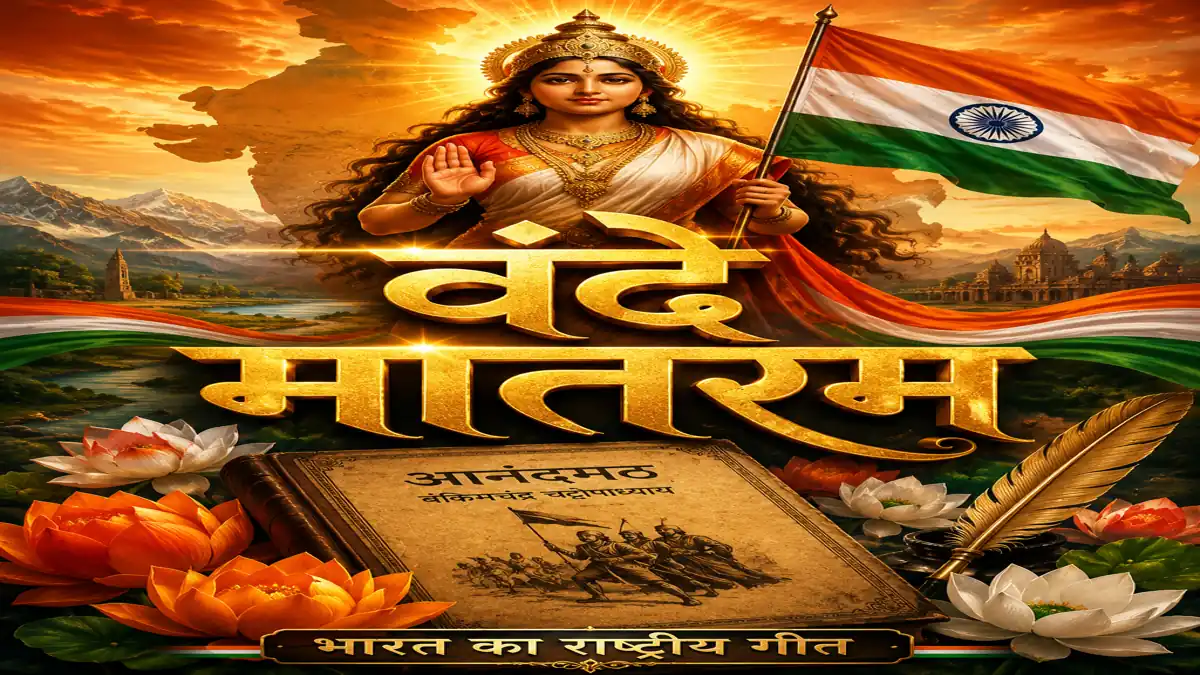 वंदे मातरम राष्ट्रीय गीत पर भारत माता और तिरंगे की प्रतीकात्मक छवि