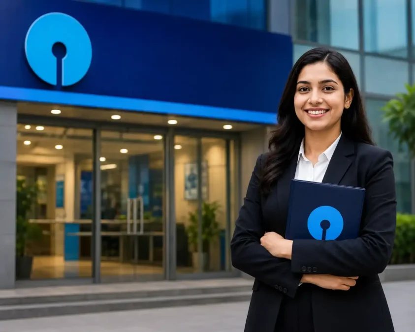 SBI PO Vacancy 2026 के लिए बैंक भवन के सामने खड़ी प्रोफेशनल महिला, सरकारी बैंकिंग नौकरी और भर्ती प्रक्रिया का प्रतीकात्मक दृश्य।