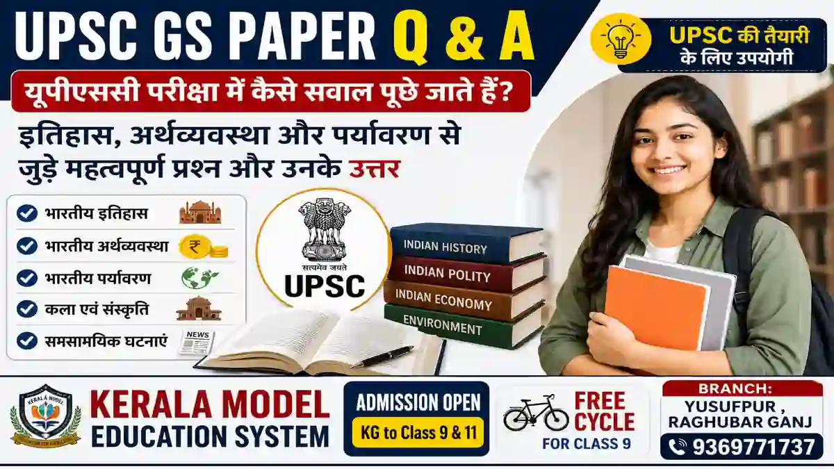 UPSC GS Paper के इतिहास, अर्थव्यवस्था, पर्यावरण और समसामयिक घटनाओं से जुड़े महत्वपूर्ण प्रश्नों और उत्तरों को दर्शाती फीचर्ड इमेज