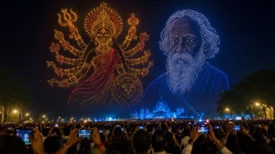 West Bengal Divas: बंगाल दिवस पर ड्रोन शो ने जीता दिल, माँ दुर्गा से रवीन्द्रनाथ टैगोर तक की दिखीं आकर्षक आकृतियां