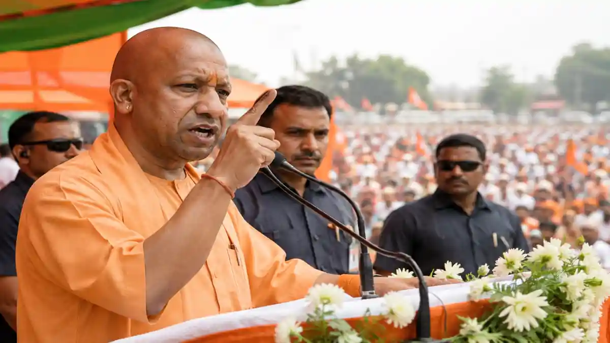 CM Yogi Adityanath addressing public rally in Aligarh before returning to Lucknow