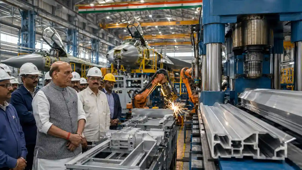 नागपुर में रक्षा उत्पादन परियोजना का निरीक्षण करते रक्षा मंत्री राजनाथ सिंह, पृष्ठभूमि में तेजस और सुखोई विमान के पुर्जों के निर्माण के लिए अत्याधुनिक एल्युमीनियम प्रेस संयंत्र