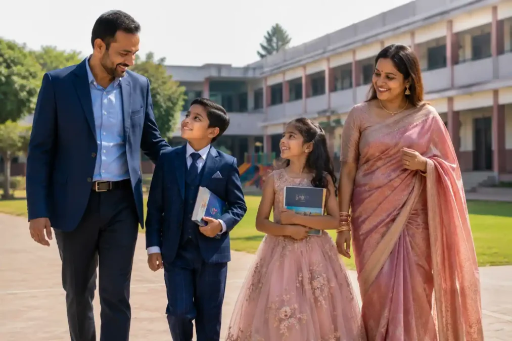 Happy Indian parents walking with children in premium school uniforms holding books at a modern rural school campus under morning sunlight