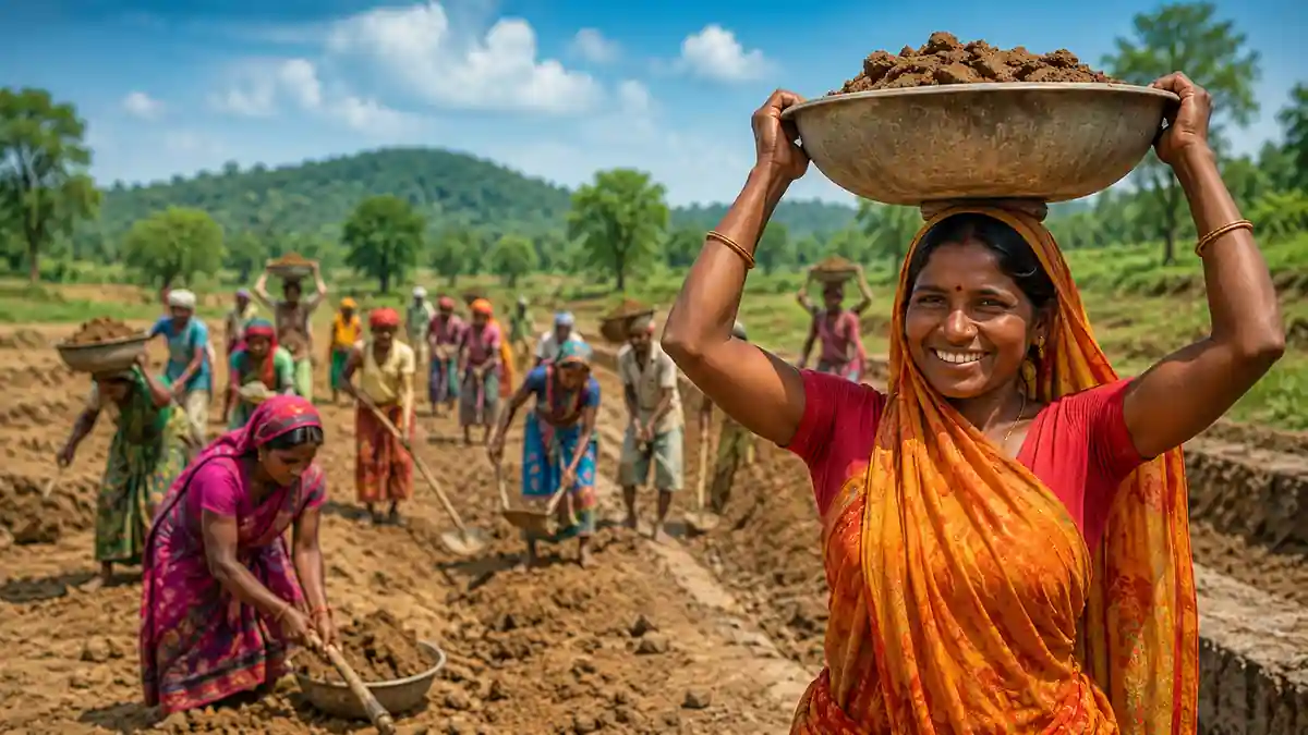 VB-G RAM G कानून 2026 – ग्रामीण रोजगार योजना Featured Image ग्रामीण क्षेत्र में मिट्टी का कार्य करते हुए मजदूर, VB-G RAM G कानून के तहत 125 दिन रोजगार योजना का सांकेतिक दृश्य